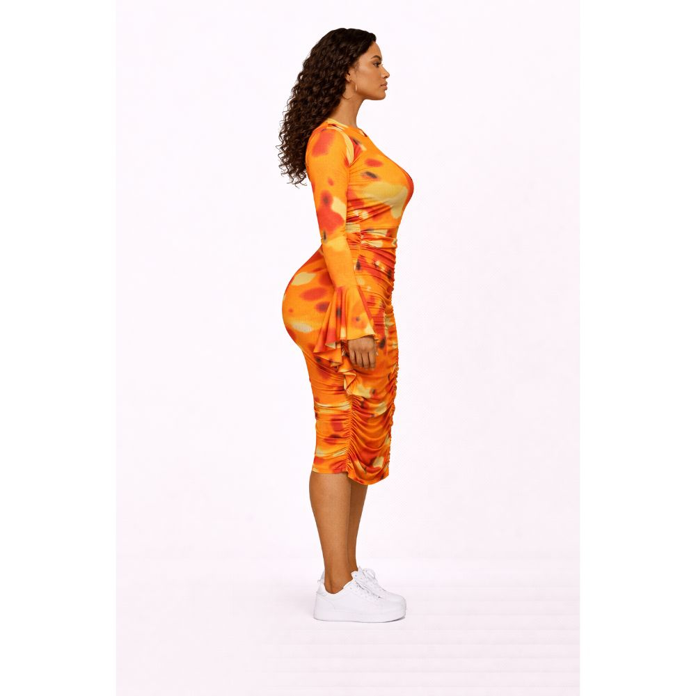 Orange Abstract Print Two Piece Skirt Set with Ruffle Detail